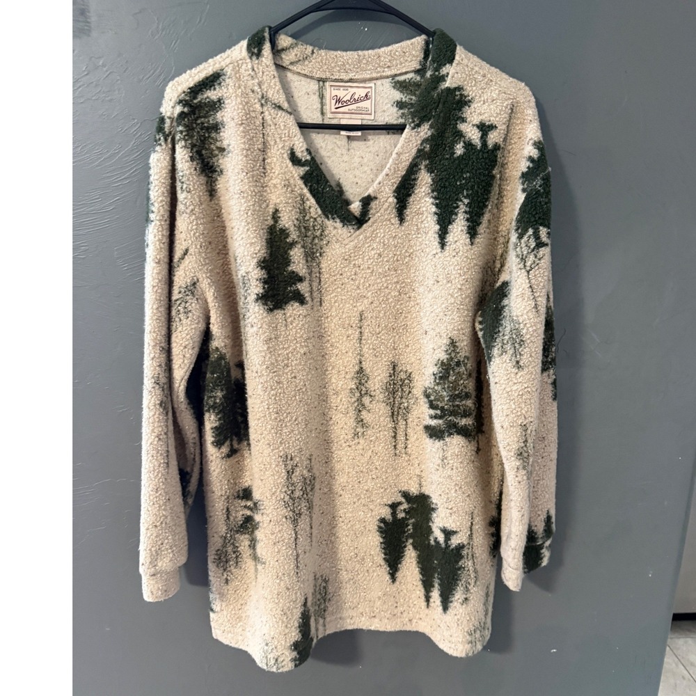 Woolrich Vintage Pine Tree Sherpa Fleece Pullover V-Neck Cream Green Womens S